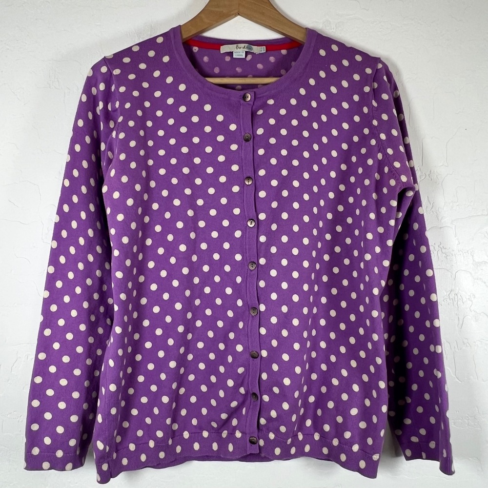 Boden Women Purple Polka Dot Cotton Blend Button Front Cardigan WK940 US 14